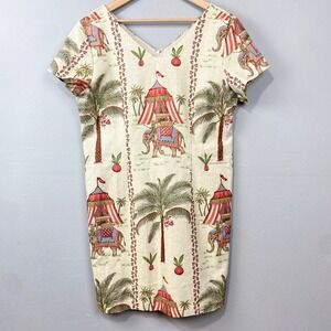 Vintage Ultra Dress Shift Sz 18 Artsy Elephant Safari Print Jungle Resort Beaded